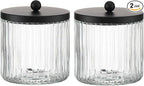 KMwares 2-Pack Glass Qtip Holder Dispenser Set - Bathroom Canister Storage Organizer for Cotton Balls, Swabs, Floss Picks, and Makeup Sponges with Matte Black Metal Lid - Clear Vanity Apothecary Jars