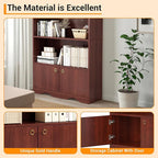 CABIHOME 63" Tall Bookshelf with Cabinet, 5-Tier Wood Bookcase with Wave Top, 6 Cubes & 2 Door Cabinets, Modern Display Storage Shelves with Gold Handles for Living Room, Bedroom & Home Office, Walnut