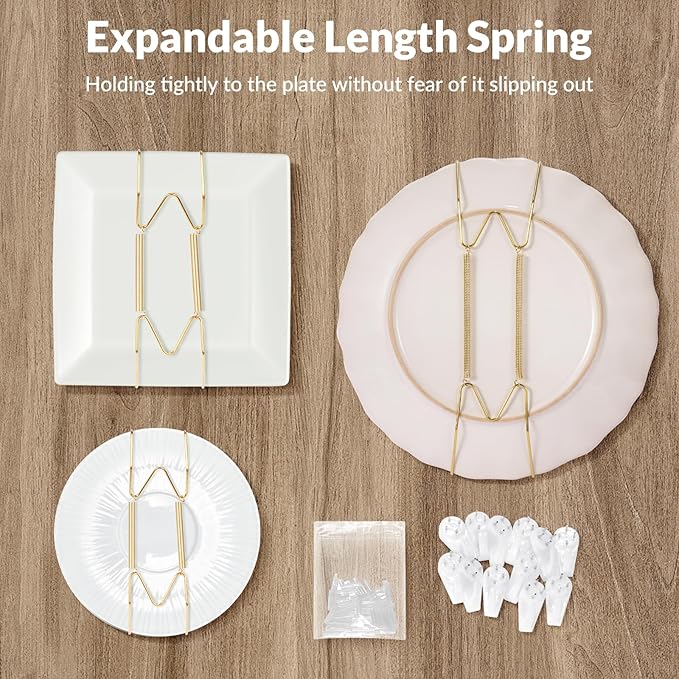 12-Pack Invisible Wall Plate Hangers, 8/10/12 Inch Brass Plate Holders with 16-Pack Wall Hooks