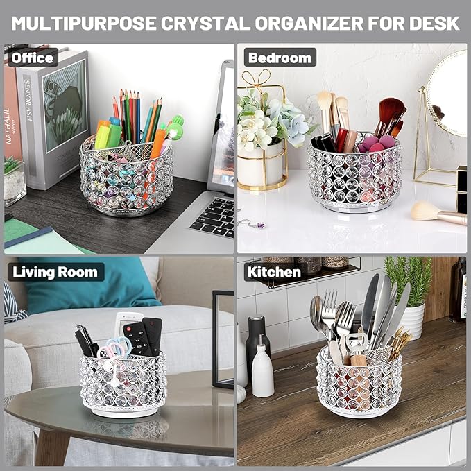 BTSKY Crystal 360 Degree Rotating Desk Organizer Decorative Storage Box with 4 Compartments, Glitter Metal Makeup Brush Holder Elegant Storage Caddy Home Decor Gift for Women, Round-4 Slots Silver