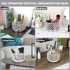 BTSKY Crystal 360 Degree Rotating Desk Organizer Decorative Storage Box with 4 Compartments, Glitter Metal Makeup Brush Holder Elegant Storage Caddy Home Decor Gift for Women, Round-4 Slots Silver