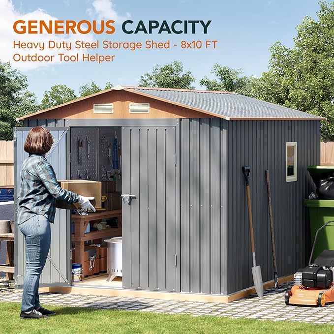 10×8FT Metal Shed & Outdoor Storage Shed with Floor Frame,Steel Tool Multi-used Shed with Vents,Lockable Doors,Window,Compact Tool Shed for Backyard, Patio, Lawn and Garden Various Storage(Matte Gray)