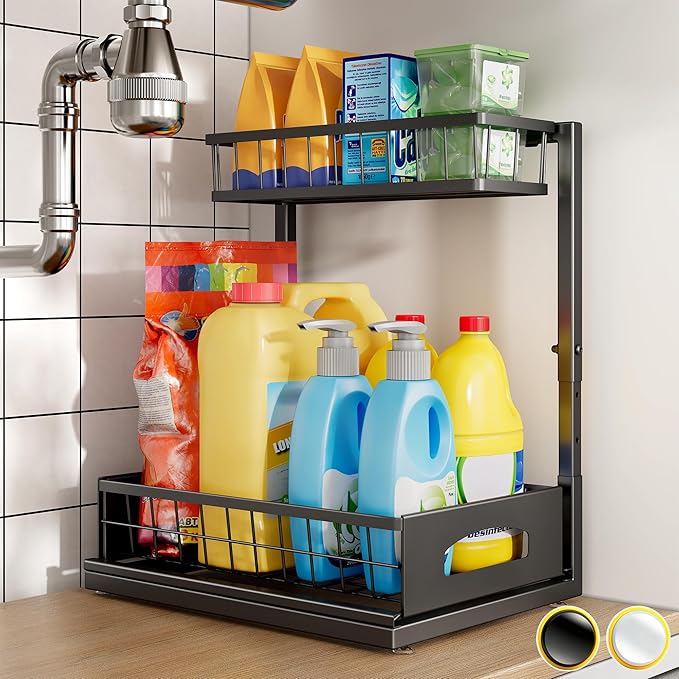 Under Sink Organizer, 2 Pack Cabinet Organizer for Kitchen, Height Adjustable Pull Out Heavy Duty 2 Tier Metal Under Sink Storage for Bathroom Pantry (Black, 1 Pack)