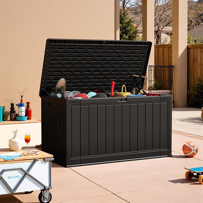 Patiowell 150 Gallon Large Outdoor Storage Box, Waterproof Deck Box with Fixed Divider, Lockable and Durable Patio Storage Solution for Patio Furniture and Garden Tools (Black)