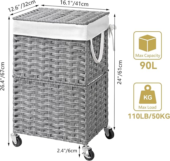 Chrislley 90L Slim Laundry Hamper with Wheels, Rolling Laundry Basket with Lid and Renovable Liner Bag, Handwoven Rattan Organizer for bedroom, bathroom, laundry room (Grey)