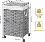 Chrislley 90L Slim Laundry Hamper with Wheels, Rolling Laundry Basket with Lid and Renovable Liner Bag, Handwoven Rattan Organizer for bedroom, bathroom, laundry room (Grey)