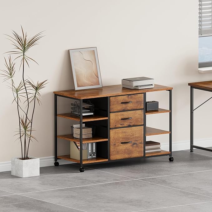 Mobile File Cabinet,Lateral Filing Cabinet with 3 Fabric Drawers,Rolling Printer Stand with 4 Open Storage Shelf for Home Office,Rustic Brown