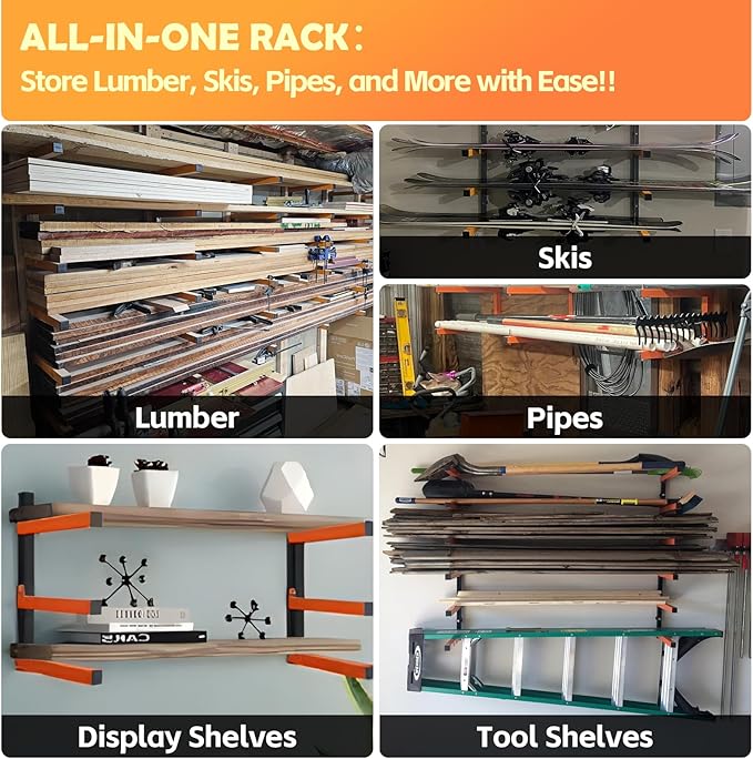Wefaith Wood Organizer Lumber Storage Rack Wall Mount - Heavy Duty Metal Cantilever Shelves With 3-Level Holds Up 600 Lbs,Indoor & Outdoor Wood Storage Racks For Garage Woodshops Workshops - 4 Pack