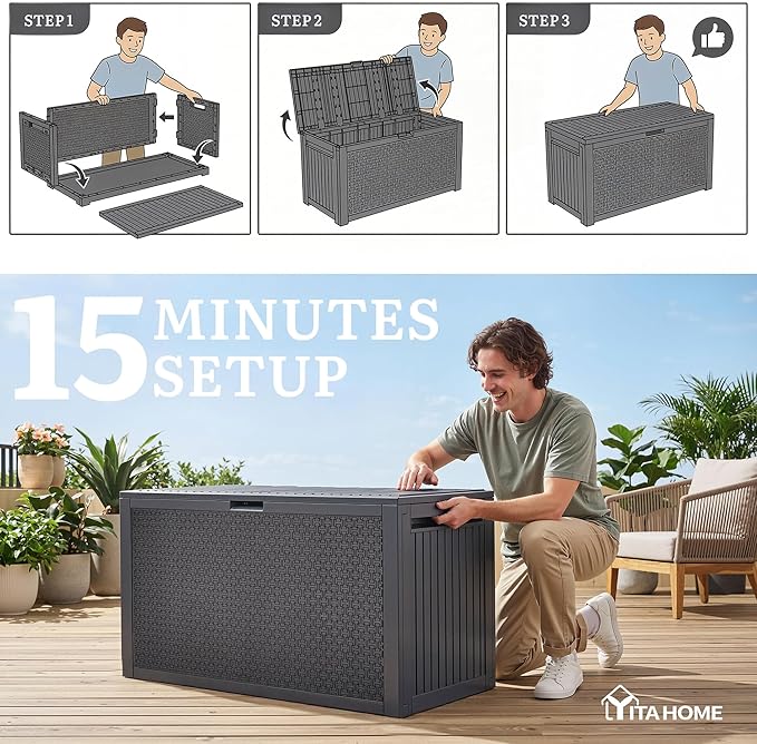 YITAHOME 90 Gallon Large Outdoor Deck Box, Lockable Waterproof Resin Storage Box with Handles, Weatherproof & UV Resistant, Patio Garden Tool Container for Outdoor Furniture, Dark Grey