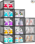 12 Pack Upgrade Harder Shoe Organizer, Shoe Storage with Magnetic Front Door, Clear Shoe Boxes Foldable Space-Saving Shoe Rack for Sneaker Boot Container, Black