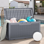 JUMMICO 100 Gallon Resin Deck Box with Cushion, Waterproof Outdoor Storage Box with Lockable Lid for Garden Tools, Patio Cushions (Gray)