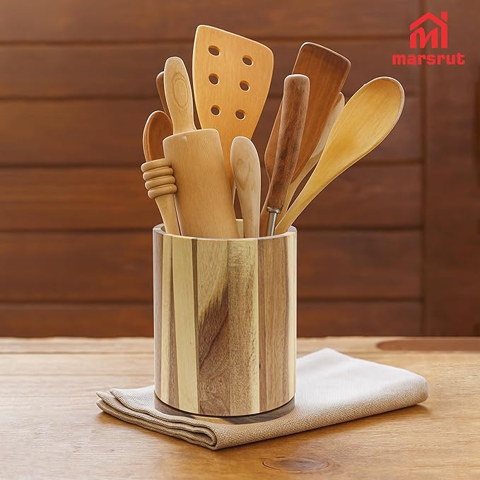 Marsrut Acacia Wood Utensil Holder 360°Rotating 7.3'' Large Wooden Spoon & Cooking Tool Caddy for Kitchen Countertop Crocks Organizer, Brown Rustic Farmhouse Decor, Modern Flatware Storage Essential