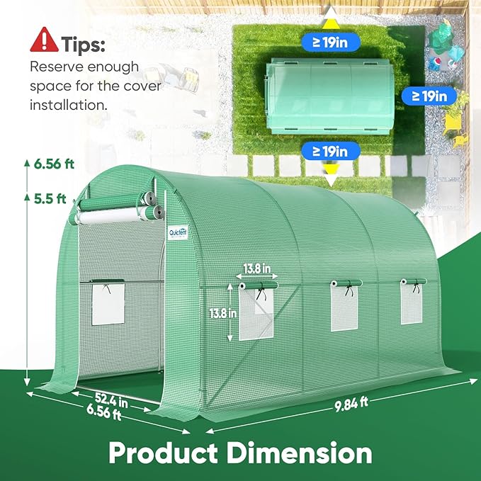 Quictent 10x7x7 FT Essential Greenhouse for Outdoors, Portable Walk-in Tunnel Hoop House with 6 Screen Windows & Zipper Door, Heavy Duty Frame for Garden Plant Vegetable, Green