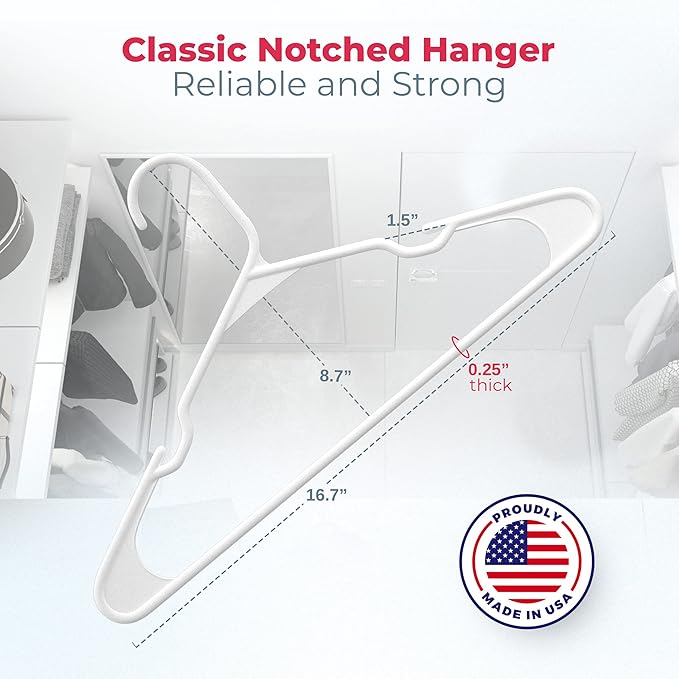 Neaties Plastic Hangers 30 Pack – Made in The USA – 6lb Capacity Standard Clothes Hangers with Notches and Reinforced Edges for Dresses, Lingerie, Shirts, Pants, and Jackets – White & Gray
