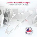Neaties Plastic Hangers 30 Pack – Made in The USA – 6lb Capacity Standard Clothes Hangers with Notches and Reinforced Edges for Dresses, Lingerie, Shirts, Pants, and Jackets – White