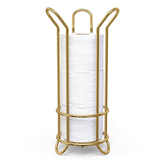 BROOKSTONE Toilet Paper Holder Stand, Modern and Minimal Free Standing Toilet Paper Stand with Storage, Bathroom Tissue Organizer that Holds Mega Rolls - Gold