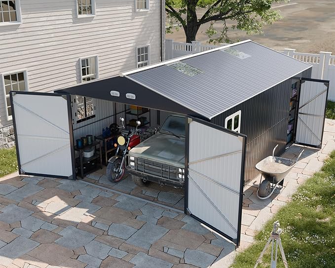 WACASA 13x20x8.3 FT Large Metal Garage Shed, Ultra-Reinforced Truss System, 18-Gauge Powder-Coated Frame, 100 PSF Snow & 150 MPH Wind Rated, Skylight Dual-Entry Outdoor Storage Building and Carport
