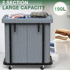 50 Gal(190L) High Grade Large Laundry Basket with Wheels, Rolling Laundry Hamper, Laundry Cart with Metal Frame and Removable Bag Design, Suitable for Laundry Room, Bedroom (Grey, 2 Section 190L)