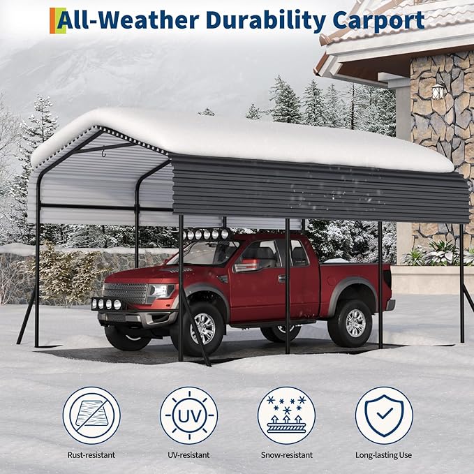 PeakPursuit Metal Carport, 10x15 FT Outdoor Car Port Canopy with Galvanized Steel Roof and Reinforced Base, Heavy Duty Garage Car Shelter Shade for SUV, Truck, Boats