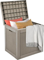 DWVO 32 Gallon Indoor Outdoor Storage Box, Resin Rattan Small Deck Box for Patio Furniture, Cushions, Garden Tools, Sports Equipment,Brown