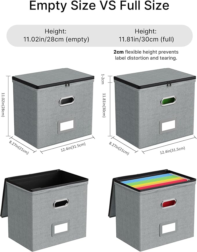 Oterri 2 Pack File Organizer Boxes with Lids, File Box with Mesh Pockets, Document Organizer Box for File Folders Letter Size, Zippers Filing Box for Home, Office, School (Grey, Without Folders)