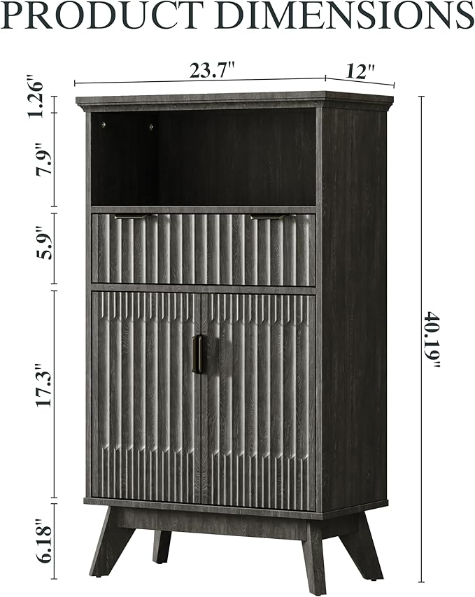 FLOWBACK Fluted Cabinet, 40'' High Coffee Bar with Drawer & Door, Small Decorative Cabinet Bathroom Storage with Open Shelf, Wood Kitchen Pantry Sideboard Buffet
