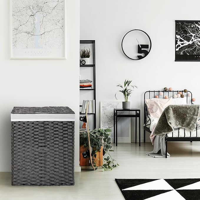 Seville Classics Premium Handwoven Portable Laundry Bin Basket with Carrying Handles, Household Storage for Clothes, Linens, Sheets, Black, Rectangular Hamper
