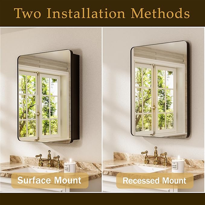 Medicine Cabinet with Mirror 20x26 Inch, Black Aluminum Bathroom Mirror Cabinet with Storage, 8 Adjustable Shelves Including 2 Anti-Tip Acrylic Boards, Recessed or Surface Mount, Soft Close