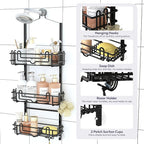 SWTYMIKI Shower Caddy Hanging Organizer - 3-Tier Rustproof Shower Organizer Over Showerhead with Adjustable Baskets, 24 Hooks, Soap & Razor Holder - No Drill Large Bathroom Storage Rack, Black