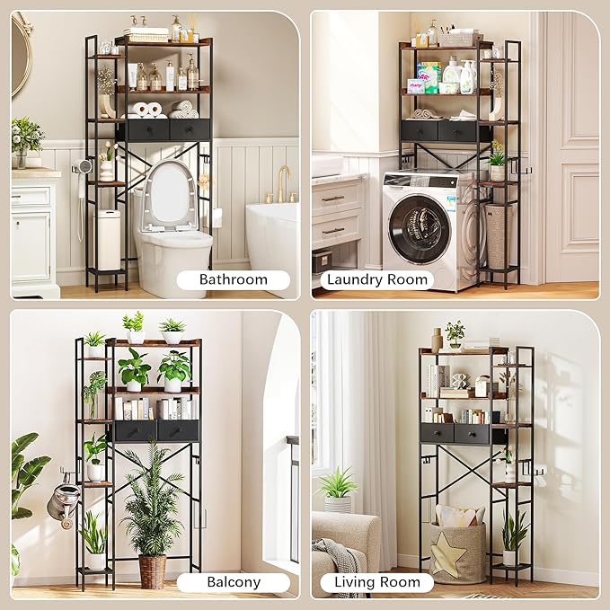 Over The Toilet Storage Shelf with Drawer, 7-Tier Above Toilet Bathroom Organizer with Adjustable Side Shelves, Space Saver Freestanding Rack with Holder & Hook for Laundry Kitchen (Brown)