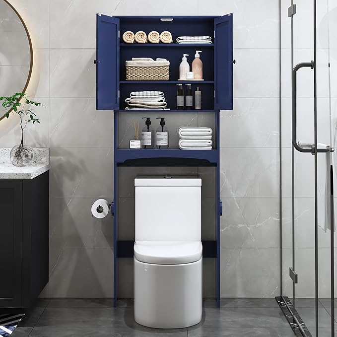 Over The Toilet Storage Cabinet with Gold Trim, Modern Bathroom Organizer Over Toilet with Adjustable Shelves and Toilet Paper Holder for Bathroom (Blue)