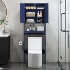 Over The Toilet Storage Cabinet with Gold Trim, Modern Bathroom Organizer Over Toilet with Adjustable Shelves and Toilet Paper Holder for Bathroom (Blue)
