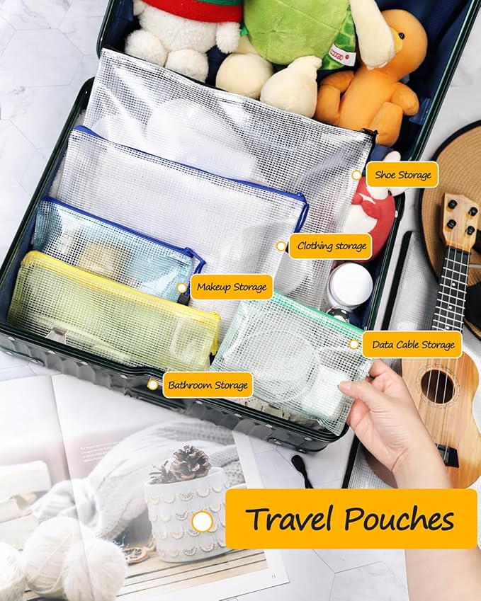 SUNEE Plastic Mesh Zipper Pouch 6.8x9.2 in (8 Colors, 24 Packs), Small Water-Resistant Zip Bag for School Office Supplies, Pencil Organizing Storage