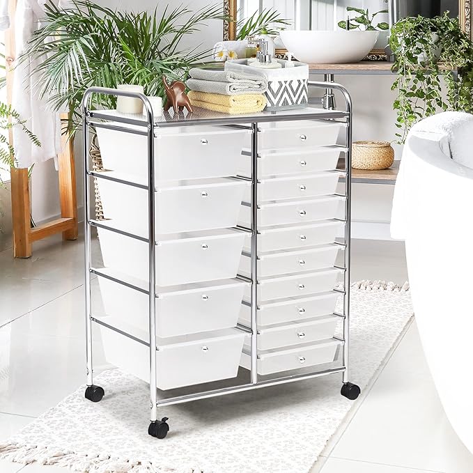 RELAX4LIFE Storage Drawer Carts W/15-Drawer,Rolling Wheels Semi-Transparent Multipurpose Mobile Rolling Utility Cart for School, Office, Home, Beauty Salon Storage Organizer Cart (Clear)