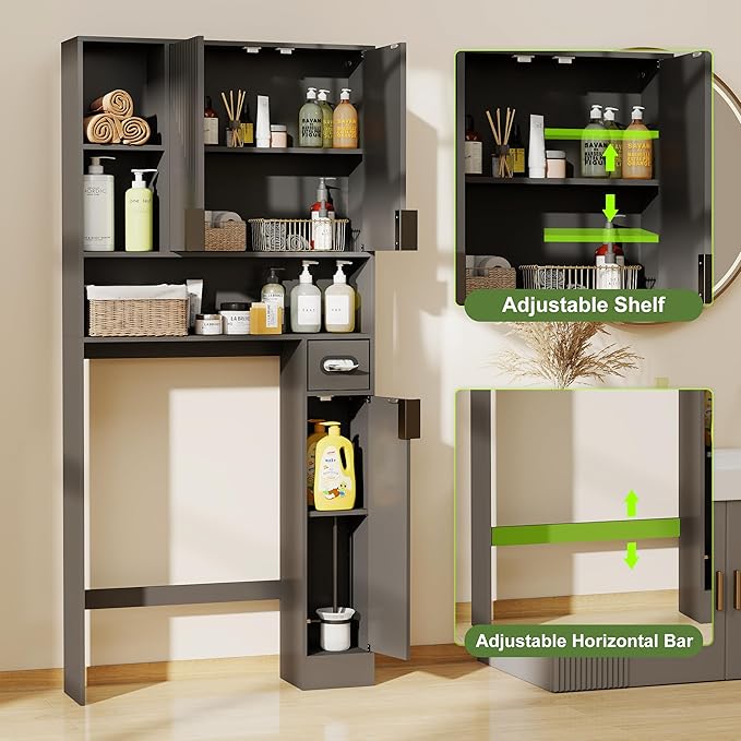GOODONE Black Over The Toilet Storage Cabinet - with 3 Doors and Toilet Paper Holder Stand, FreeStanding, for Bathroom, Restroom, Laundry