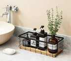 Metal Wire Basket Detachable Wood Base Storage Organizer Farmhouse Hanging Basket for Kitchen Cabinets, Bathroom, Pantry, Laundry Room,1 Pack in Black Color,Size Big