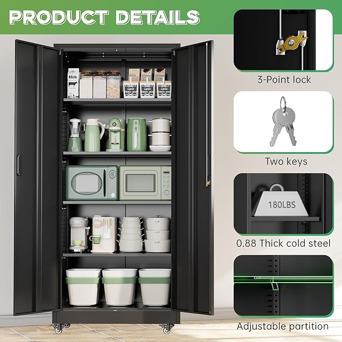 INTERGREAT Metal Storage Cabinet with Wheels, 73" H Rolling Metal Cabinets with Doors and Shelves, Black Steel Lockable Cabinet on Wheels for Garage Storage