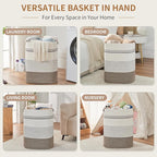Laundry Hamper - Tall Woven Rope Laundry Basket - Clothes hamper with Leather Handles, 17" X 13.8" X 22", Blanket Storage Basket for Living Room, Rice Brown & White