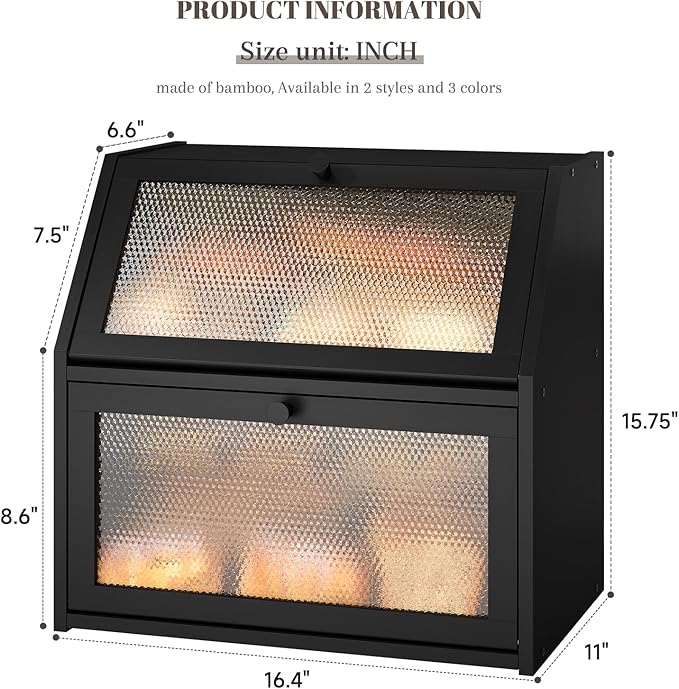 Bread Box for Kitchen Countertop Bin Double Layer Bread Box Storage Container Extra Large Capacity with Diamond Pattern Windows (Black, Extra Large)