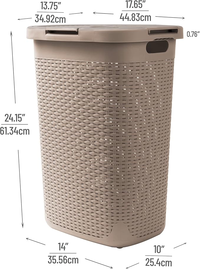 Mind Reader Slim Laundry Hamper with Lid, 60L Tall Clothes Basket, Narrow Tapered Design for Bathrooms, Closets and Laundry Rooms, Plastic, Tan