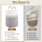 Laundry Basket Hamper,Blanket Storage,Dirty Clothes Hamper with Swivel Handles,Woven Cotton Rope Toy Baskets,Blanket Basket Living Room,Decorative Hampers for Nursery,Bedroom,White & Gray,100L