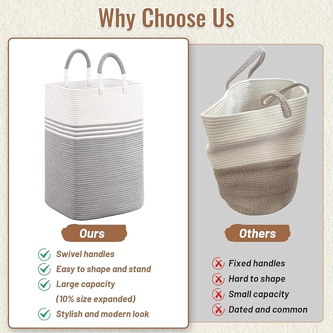 Laundry Basket Hamper,Blanket Storage,Dirty Clothes Hamper with Swivel Handles,Woven Cotton Rope Toy Baskets,Blanket Basket Living Room,Decorative Hampers for Nursery,Bedroom,White & Gray,100L