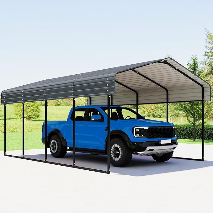 12x20FT Metal Carport,Heavy Duty Carport with Reinforced Frame and Galvanized Steel Roof, Large Outdoor Garage Shelter Shade Car Port for Pickup Trucks, Boats, Cars & Tractors, Farm Tools, Party,Gray