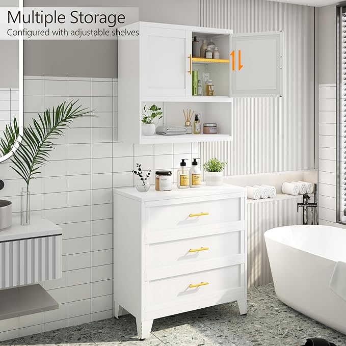 Metal Bathroom Wall Cabinet, 27.5" H White Bathroom Cabinet Wall Mount with Adjustable Shelf, Over The Toilet Storage Cabinet Medicine Cabinets for Bathroom, Kitchen