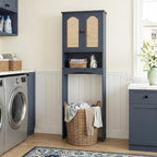 Premium Over The Toilet Storage Cabinet, Boho & Farmhouse Rattan Bathroom Organizer, Adjustable Bottom Bar for Water Valve Clearance, Navy Blue P2 MDF, 24"x70"