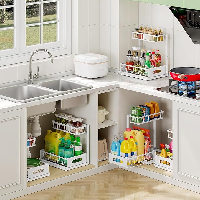Under Sink Organizer, 2 Pack Cabinet Organizer for Kitchen, Height Adjustable Pull Out Heavy Duty 2 Tier Metal Under Sink Storage for Bathroom Pantry (White, 1 Pack)