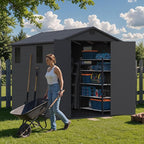 Greesum 6x8FT Plastic Outdoor Storage Shed with Floor, Resin Sheds with Lockable Double Door, Tool Sheds with Window and Vents, for Garden, Backyard, Patio, Dark Gray