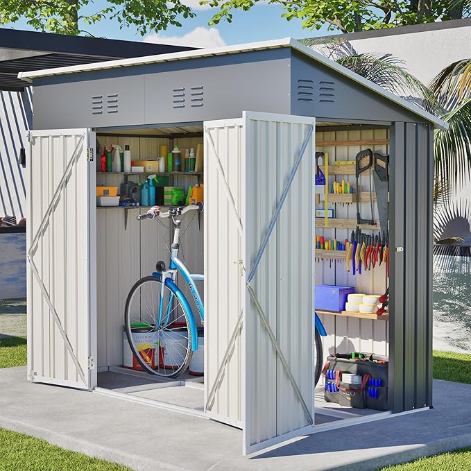 4x8 FT Outdoor Storage Shed,Slope Roof Storage Metal Garden Shed Steel with Reinforced Beams,All Weather Waterproof Garden Tool House W/Lockable Door & 4 Air Vents,for Backyard,Patio,Lawn,Grey