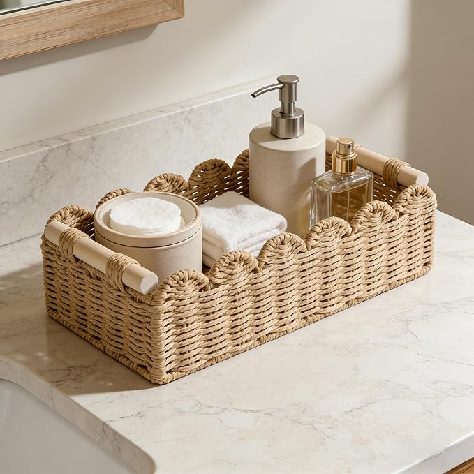 Scalloped Edge Bathroom Counter Organizer Basket with Wooden Handles, Khaki Paper Rope Toilet Tank Top Basket, Toilet Paper Storage Basket for Vanity, Shelves – 14" x 6.3" x 3.9"