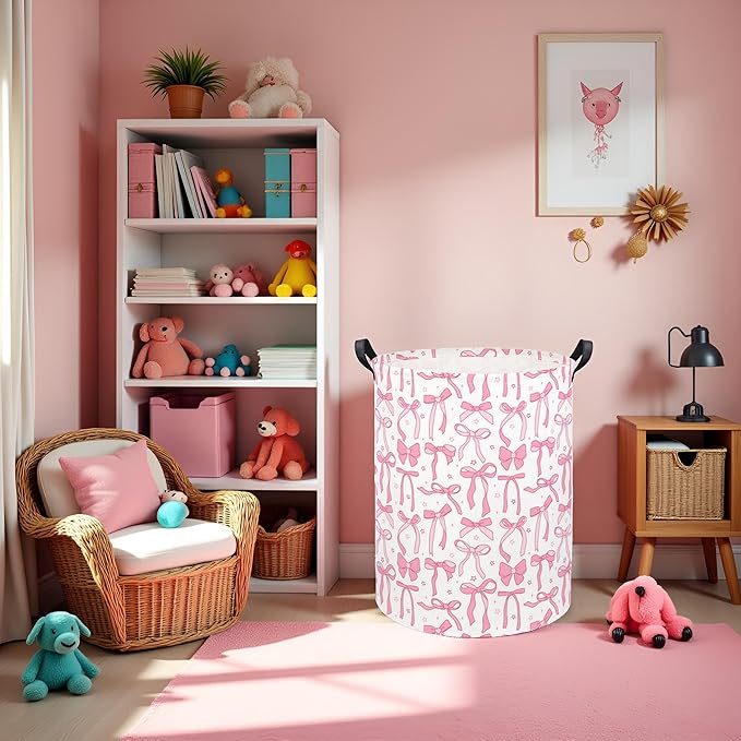 Baby Laundry Basket Kids Hamper Toy Storage Bin for Boys Room Decor Baby Nursery Hamper Gift Baskets for Bedroom Bathroom(Pink Bowknot)